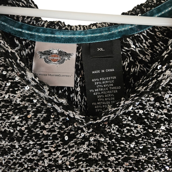 Harley Davidson Size XL Metallic Shimmer Pullover Hooded Sweater Silver Black - Picture 2 of 5